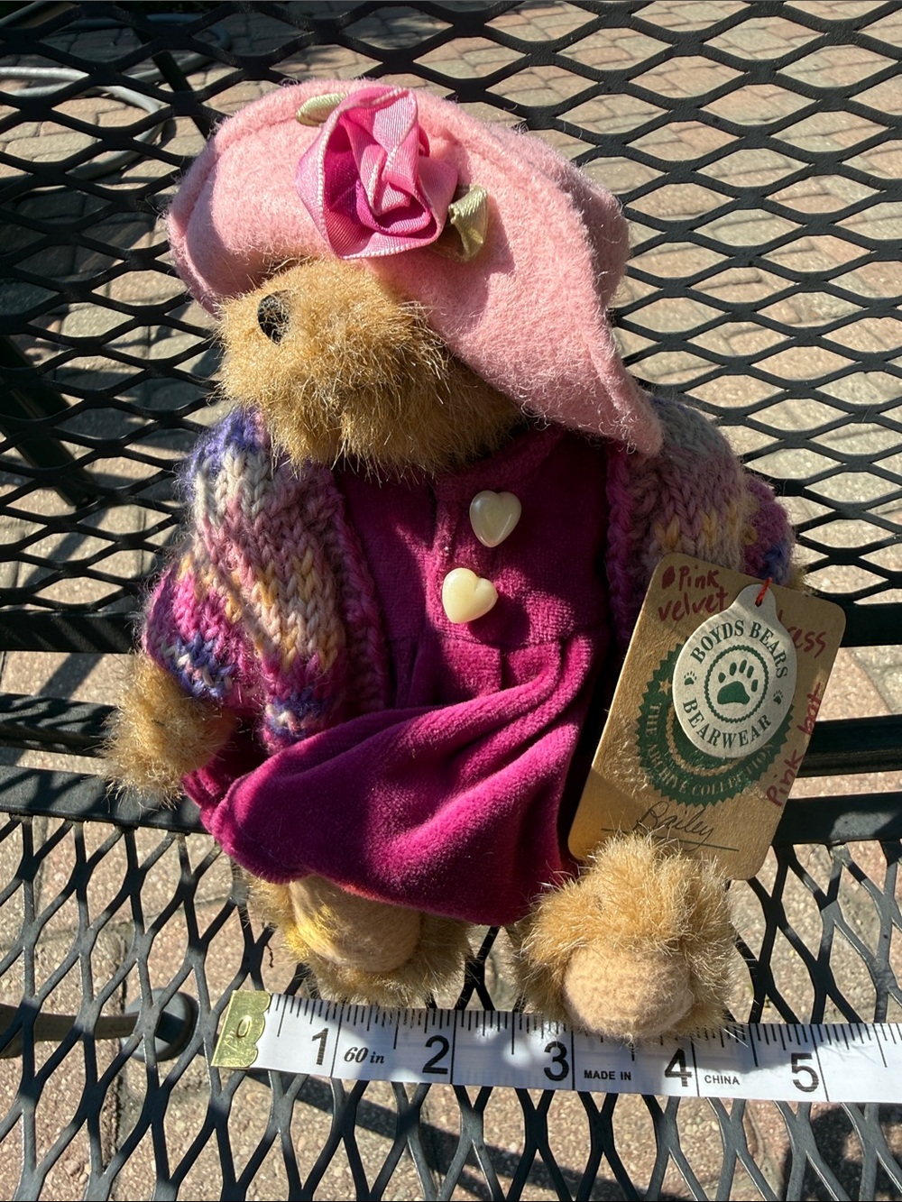 Boyds Bears Pink Velvet Dress with Multicolor Knit Sweater Teddy Bear “Bailey”